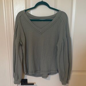 Blu Pepper Sage Green Waffle Knit V-Neck Long Sleeve Top